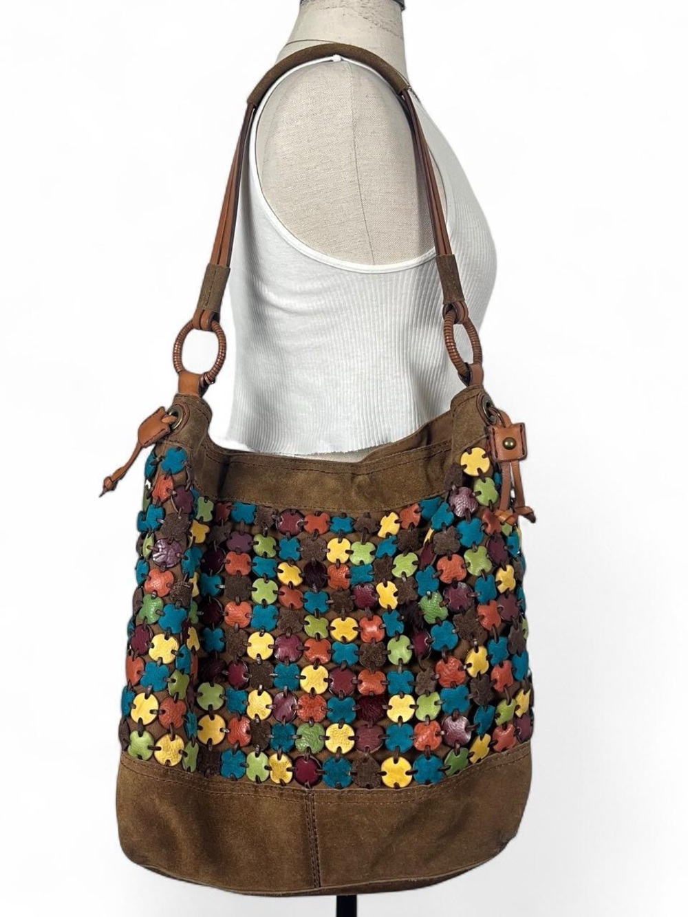 Lucky Brand brown suede and multicolored leather patchwork design hobo purse